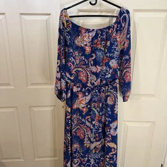Bisou Bisou Maxi Dress 14 Navy Paisley Colorful Resortware Cruise Career - Picture 7 of 12